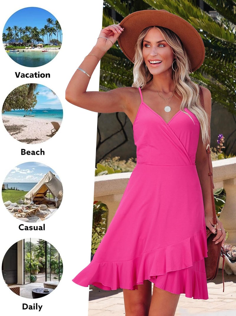 ULTRANICE Summer Pink Dress Womens Spring 2025 Trendy Casual Wrap Flowy V-Neck Adjustable Spaghetti Girls Ladies Outfits Clothes Wedding Guest Semi Formal Date Party Midi Sun Dresses(Rose,L) - Image 3